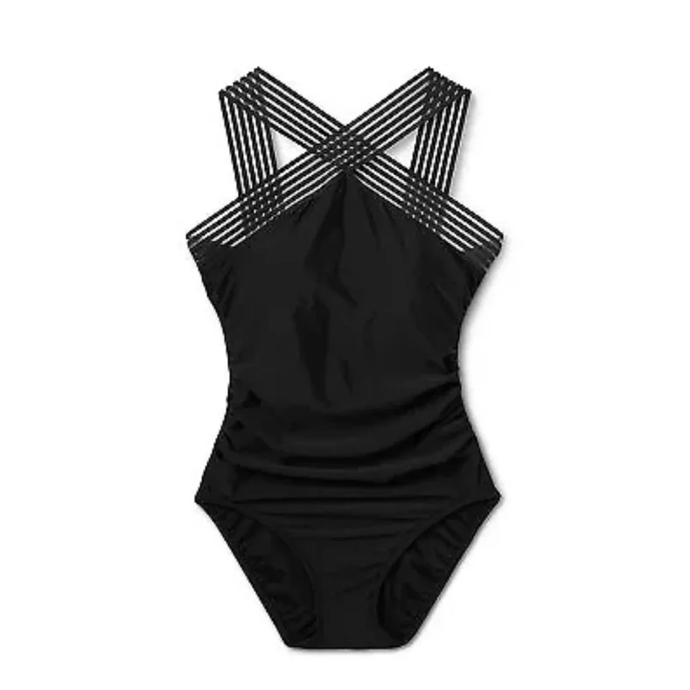Aqua Green Black Crossover Neckline One Piece‎ Bathing Suit size Small